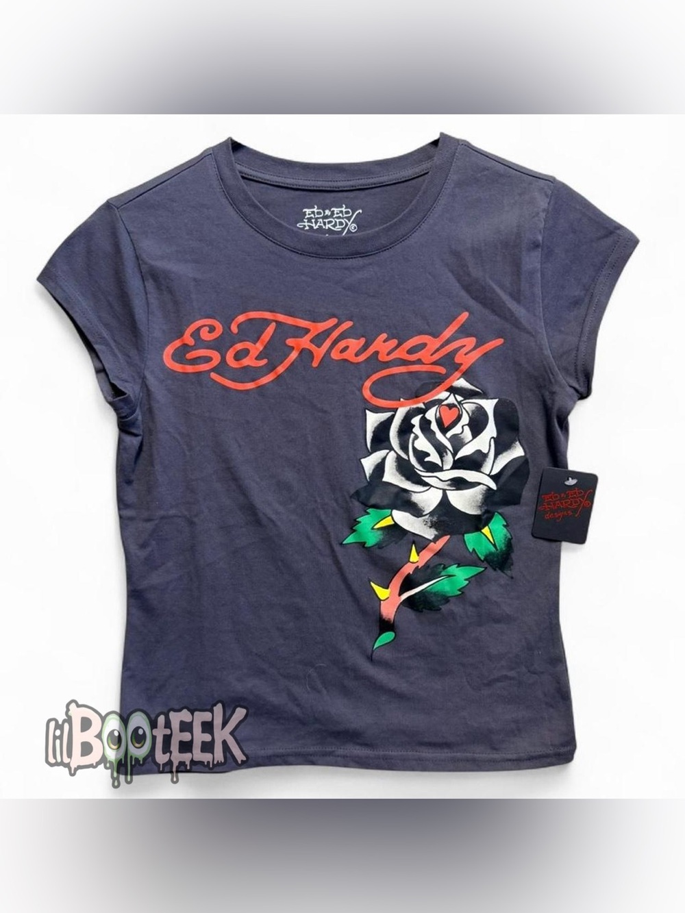 Ed Hardy Charcoal Tee with Red Logo and Multicolor Rose Graphic